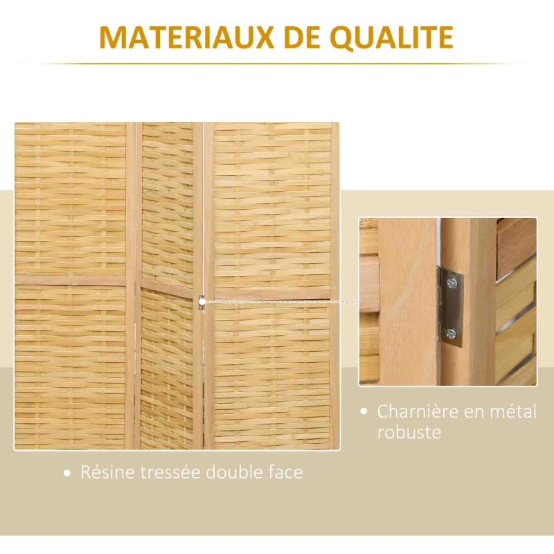 HOMCOM Paravent en bois séparateur de pièce closion de séparation pliable 3 panneaux en bambou 120 x 170 cm naturel clair