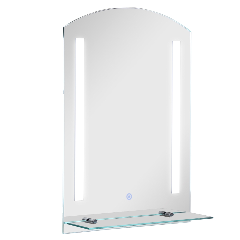 kleankin Espejo de Baño con Luces LED 70x50 cm Espejo para Baño con Interruptor Táctil Iluminación Regulable y Estante de Vidrio para Salón Entrada Plata