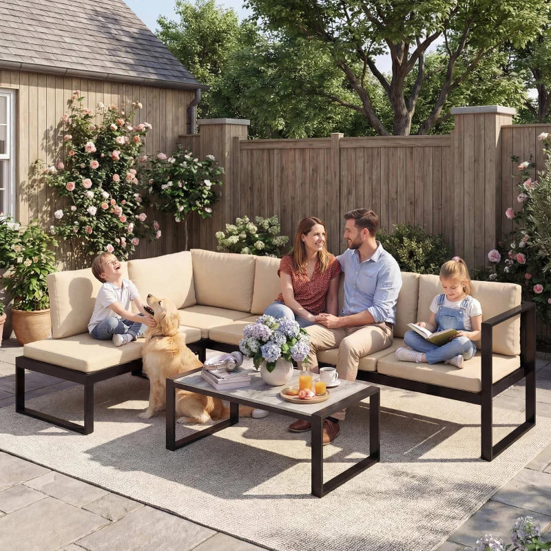 Outsunny 4-delige tuinmeubelset, sofaset met 2 tweezitsbanken, stoel zonder armleuningen en salontafel, voor balkon, khaki