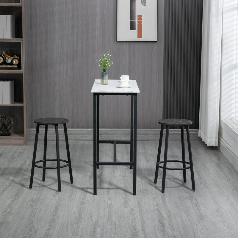 HOMCOM Barset voor 2 personen, 1 tafel met 2 barkrukken, wit marmeren blad, stalen frame(m-7)