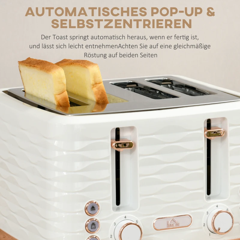 HOMCOM 2-in-1 Toaster en Waterkoker Set, 7 Bruiningsniveaus, Ontdooien en Verwarmen Functie, Cremewit