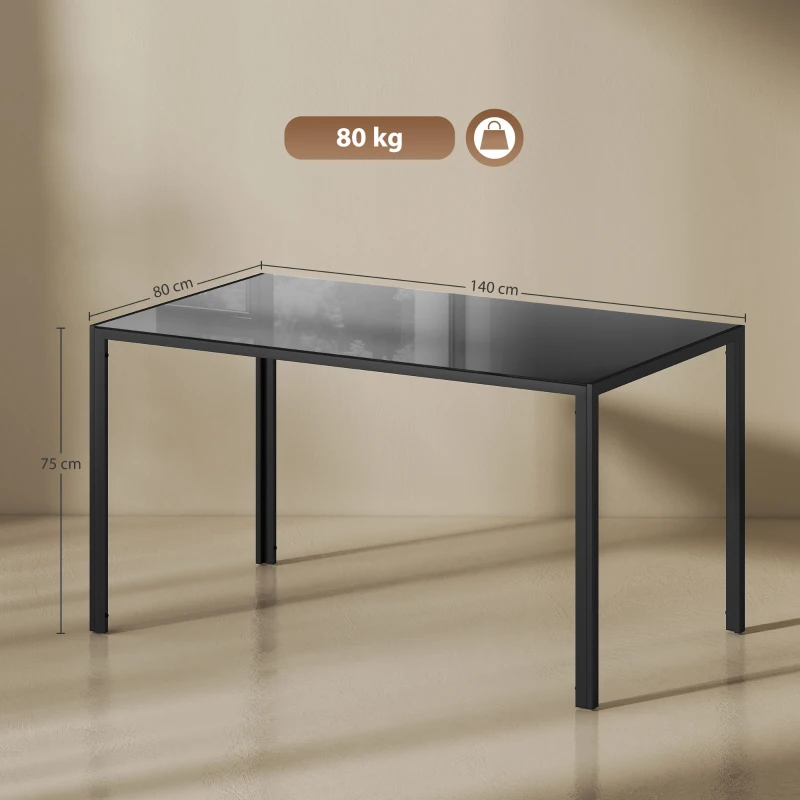 HOMCOM Mesa de Comedor de Cristal Rectangular para 6 Personas con Patas de Metal para Cocina Salón 140x80x75 cm Negro