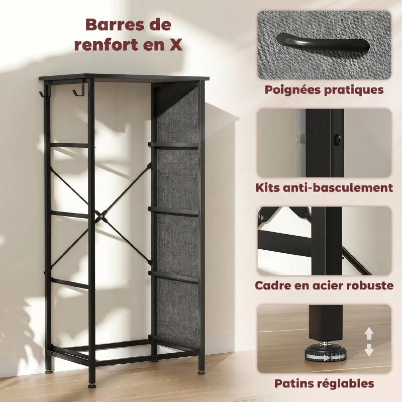 HOMCOM Commode 4 tiroirs en tissu, meuble de rangement avec 4 poches, 2 crochets, structure en acier, 45 x 30 x 94,5 cm, gris