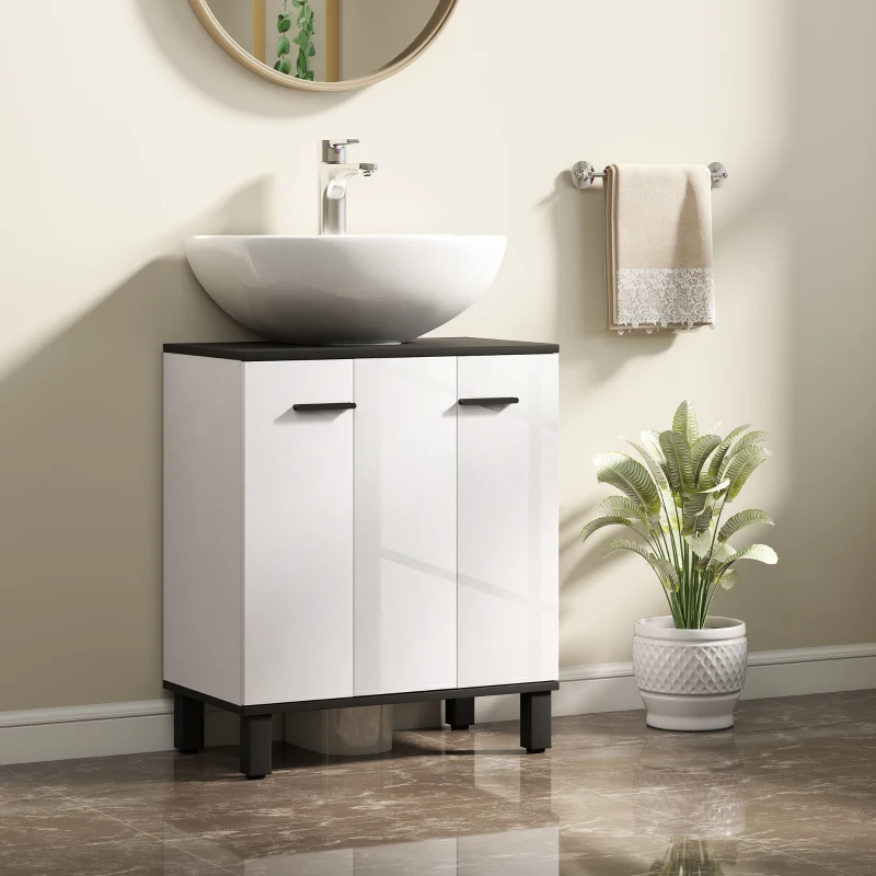 HOMCOM Mueble Bajo Lavabo con 2 Puertas y Estante Ajustable para Lavabo con o sin Pedestal 60x34x70 cm Blanco Brillo