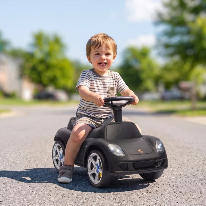 AIYAPLAY Voiture porteur enfant Porsche avec klaxon, lumières, sons de moteur, pour 18–36 mois, noir mat