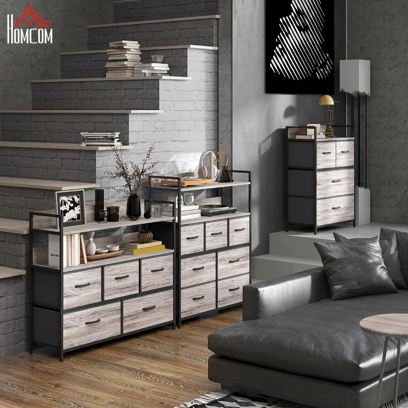 HOMCOM Stoffen Ladekast, 5 Opvouwbare Laden, 2 Schappen, Stalen Frame, 98 x 29 x 85 cm, Grijs