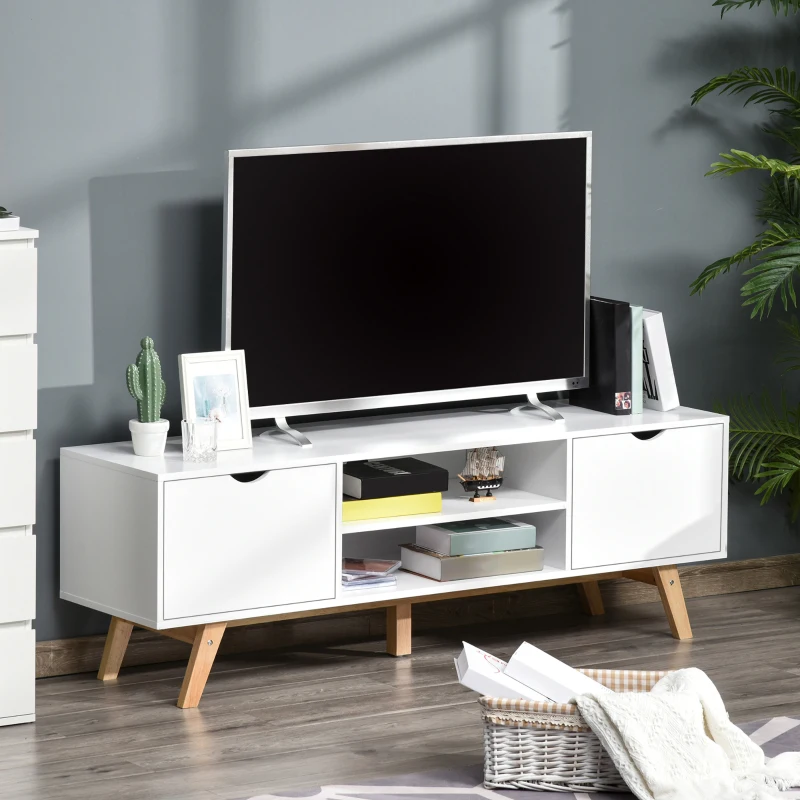 HOMCOM Meuble TV Banc TV sur Pied Moderne Scandinave 2 Portes 2 niches en Bois Blanc 150L x 39l x 50H cm