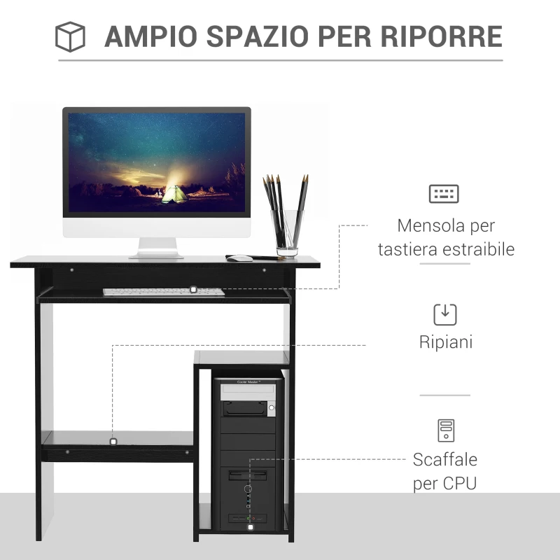 HOMCOM Scrivania PC Moderna in Legno con Ripiano per CPU e Spazio per Tastiera Estraibile, 80x45x75 cm, Nero