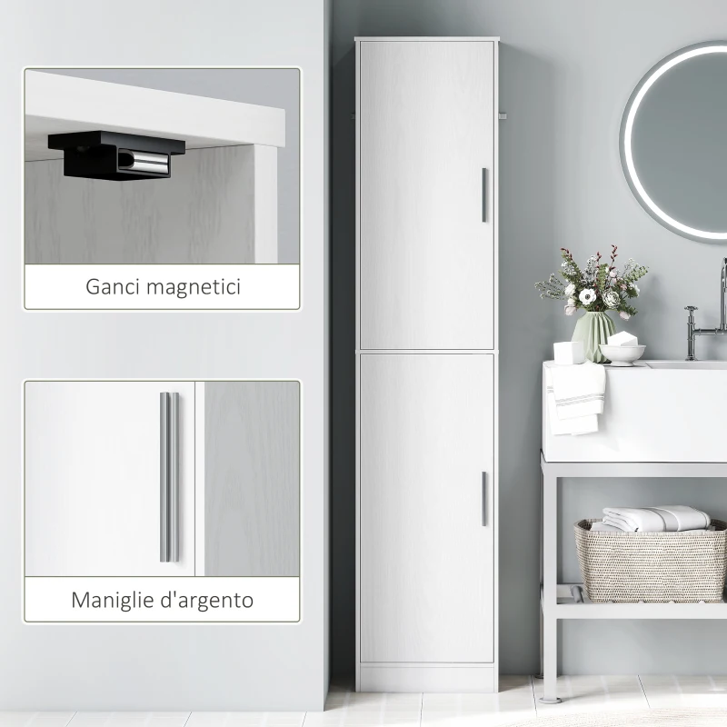 HOMCOM Mobile Colonna Bagno a 2 Armadietti con 6 Ripiani Regolabili, in Legno, 40x35x180 cm, Bianco