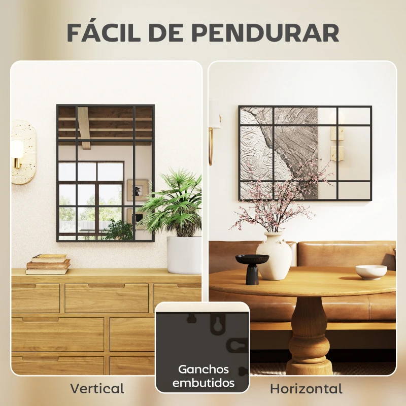 HOMCOM Espelho Retangular de Parede Espelho de Janela 70x50 cm com Moldura Metálica Espelho Decorativo para Sala Quarto Preto