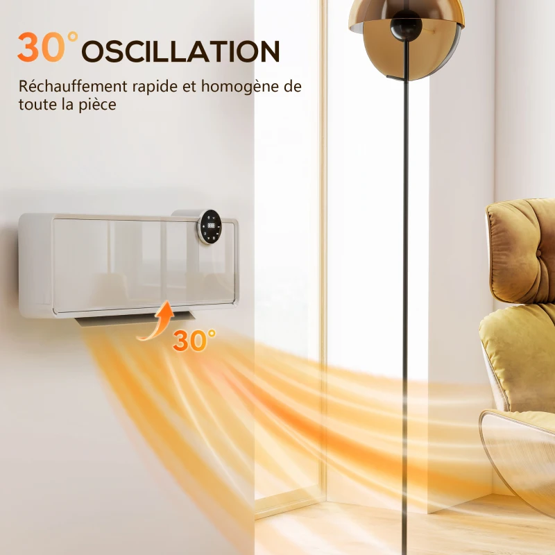 HOMCOM Chauffage mural en céramique 1000/2000W, radiateur électrique, ventilateur, thermostat, minuterie, 54x18,7x12,3cm, blanc