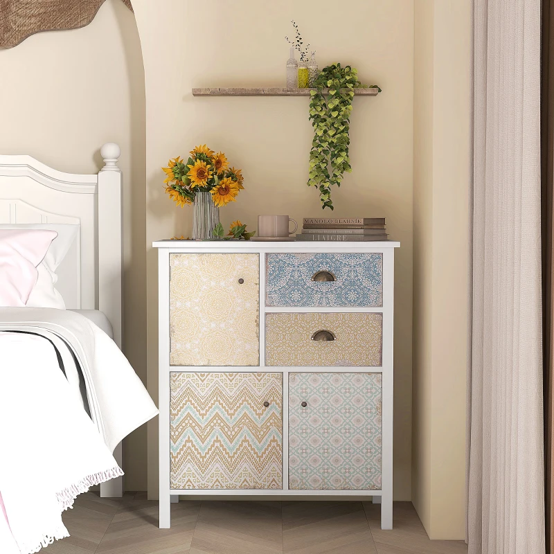 HOMCOM Sideboard, Shabby Chic Commode, 2 Laden, 3 Kasten, Grenenhout, 68x34x80cm, Wit