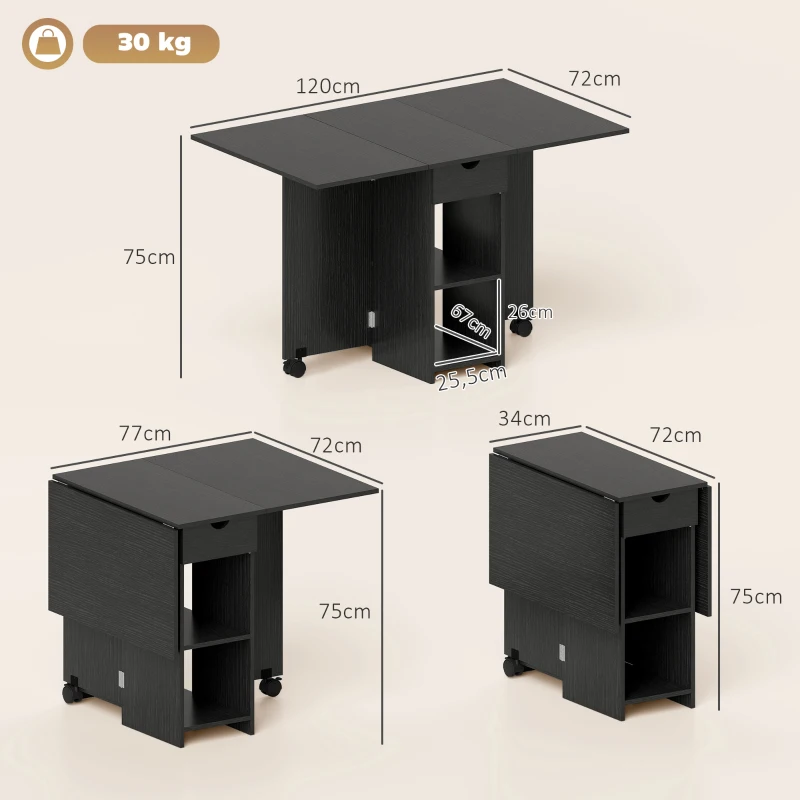 HOMCOM Klapptisch Esstisch, ausziehbarer Küchentisch für 2 à 4 Personen, 2 Klappen, 120 x 72 x 75 cm, Schwarz