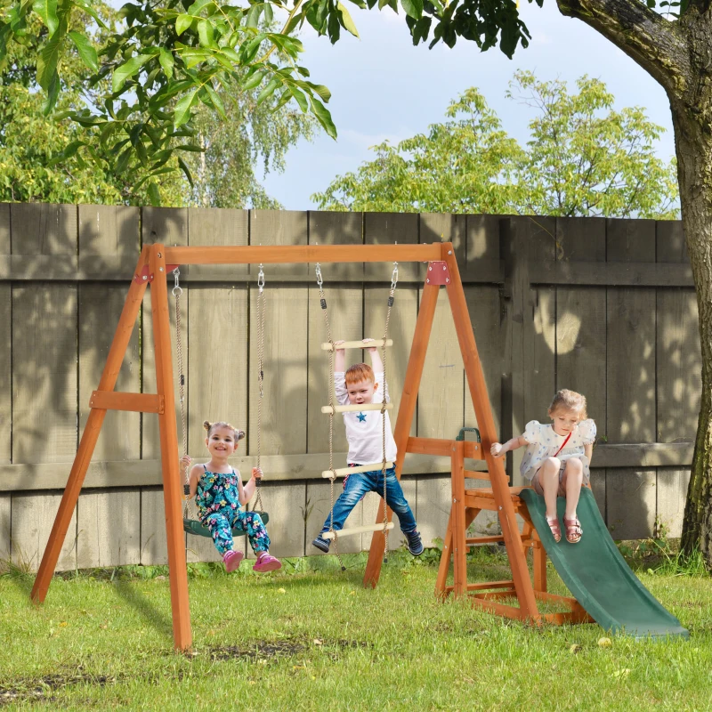 Outsunny Set con Scivolo, Altalena da Giardino e Scaletta a Corda in Legno per Bambini Età 3-8 Anni