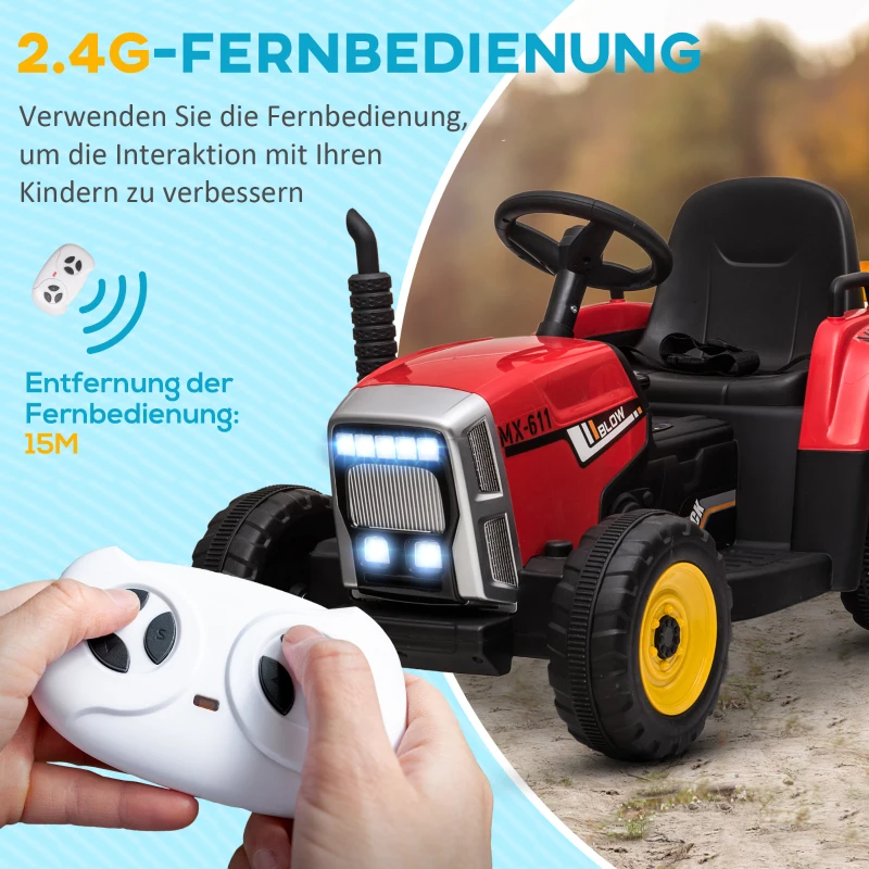 HOMCOM Elektrische kinderauto, kindertractor, inclusief ouderlijke afstandsbediening, maximale snelheid van 6 km/u; Rood + Zwart