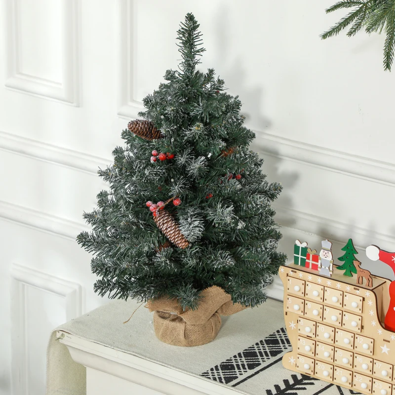 HOMCOM Mini Árvore de Natal 60 cm com Luzes Integradas 86 Ramos Pinhas Bagas Vermelhas Base em Cimento Verde