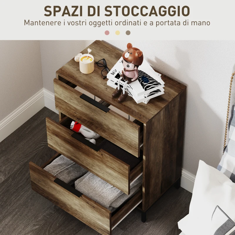HOMCOM Cassettiera 3 Cassetti Antiribaltamento con Maniglie Nere, in Legno e Metallo, 62x35x82 cm, Marrone scuro