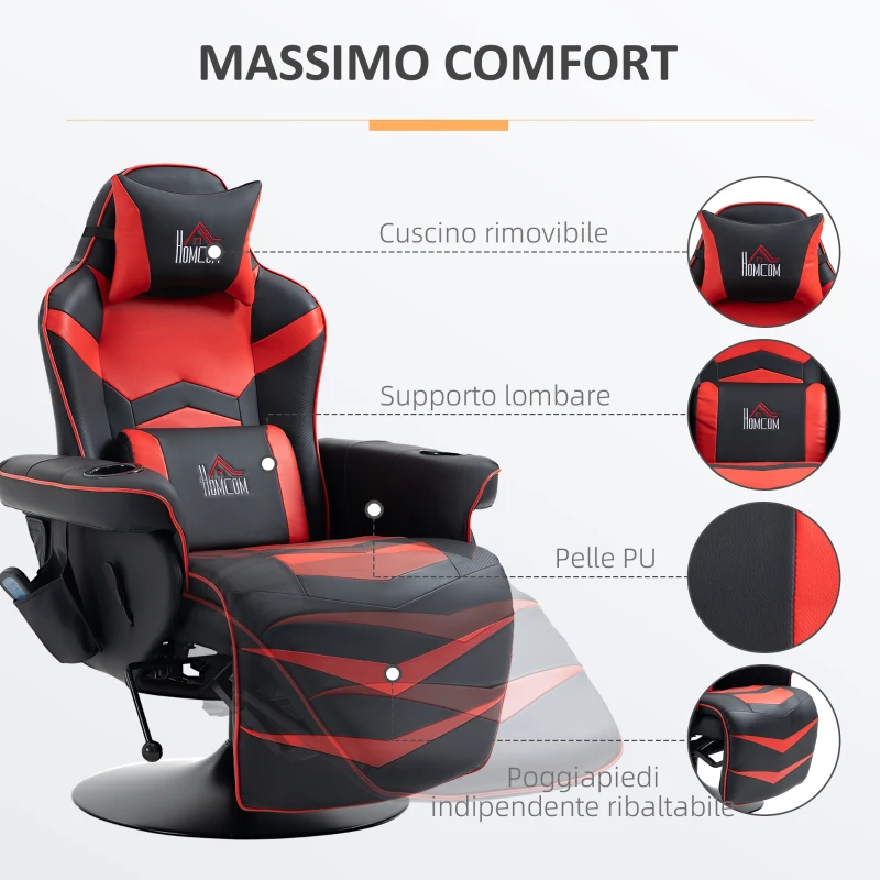 HOMCOM Sedia da Gaming Massaggiante con Poggiapiedi e Cuscino, in Finta Pelle, 78x80x111.5 cm, Nero e Rosso