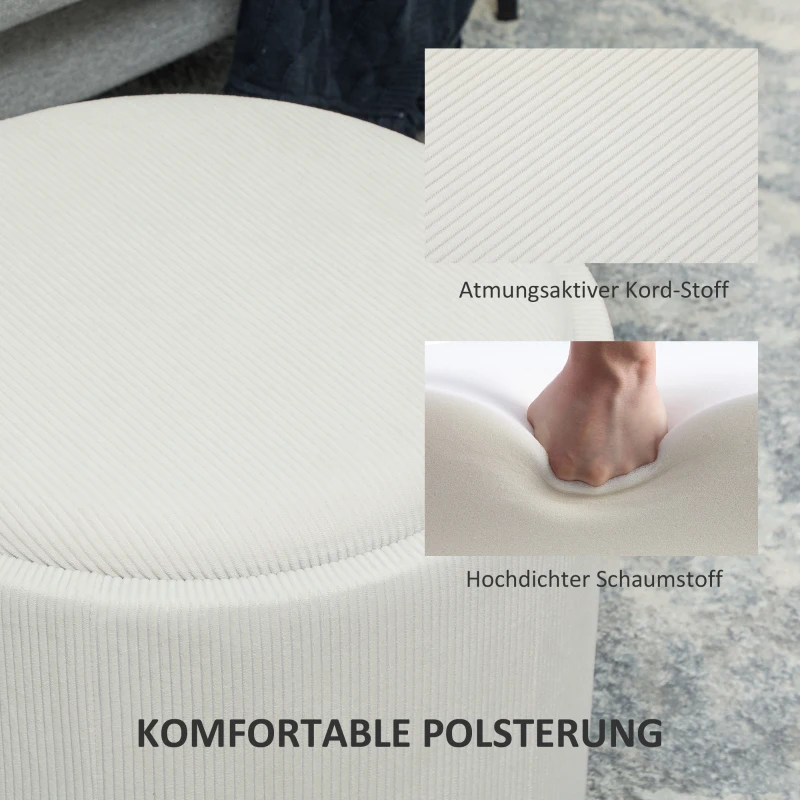 HOMCOM Opbergkruk met Ruimte, Rond, Voetensteun, Corduroy, MDF, Crèmewit