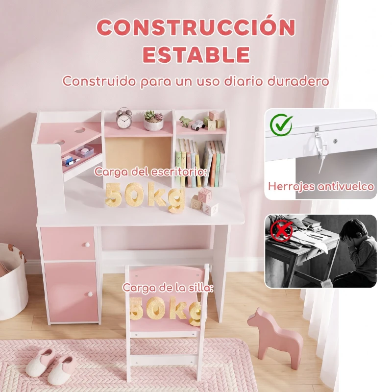 AIYAPLAY Escritorio Infantil con Silla Soporte Ajustable para Tablet Portalápices Tablero de Corcho Estantes Armarios Rosa