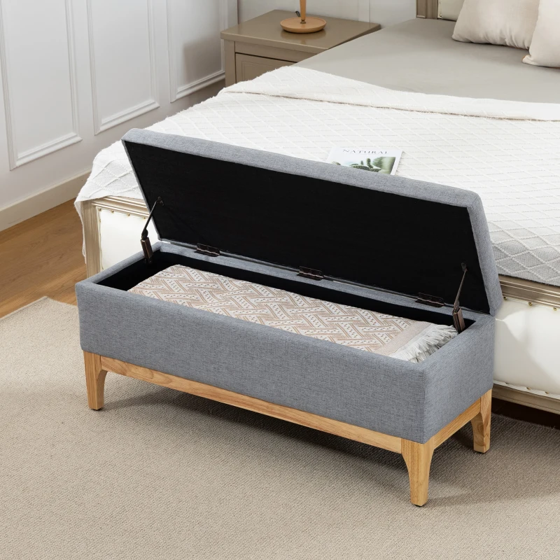 HOMCOM Banc de rangement, coffre de rangement avec couvercle amovible style scandinave, en tissu lin, 110 x 39 x 45 cm, gris