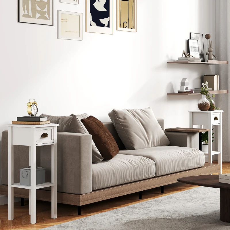 HOMCOM Juego de 2 Mesas Auxiliares Mesitas de Noche con Cajón y Estante de Almacenamiento para Dormitorio 30x30x75 cm Blanco