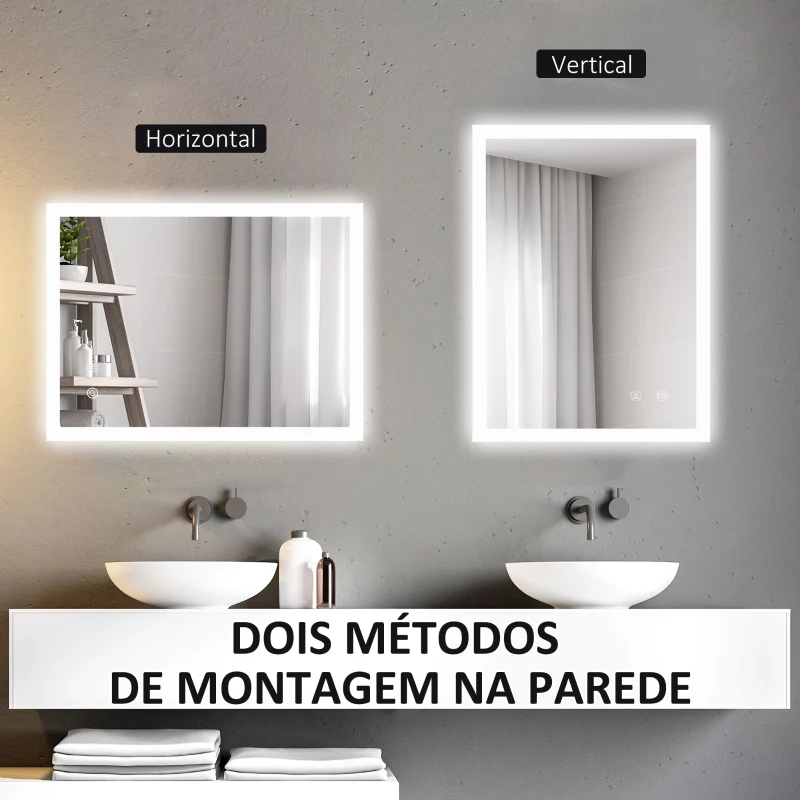 kleankin Espelho Casa de Banho com Luzes LED 80x60 cm Função Antiembaciamento 3 Cores Função de Memória e Interruptor Tátil Prata
