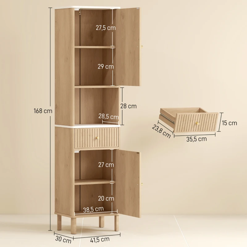 HOMCOM Armoire salle de bain haute meuble de rangement colonne avec tiroir coulissant silencieux 2 placards 41,5x30x168cm chêne