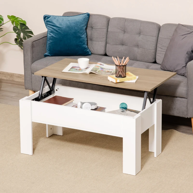 HOMCOM Mesa de Centro Elevable con Encimera Elevable con Espacio Oculto de Almacenaje 100x50x45-58,5 cm Blanco y Natural