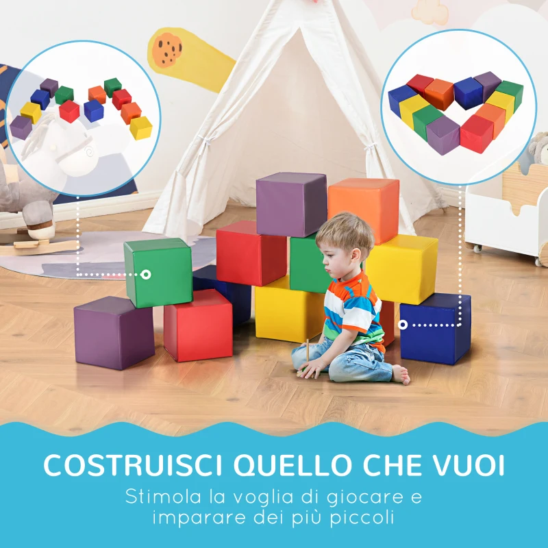 HOMCOM Set 12 Cubi Giocattolo Morbidi per Bambini 12-36 Mesi, Blocchi Schiuma per Bambini, Costruzioni Morbide in PU ed EPE, 20x20x20 cm, Multicolore