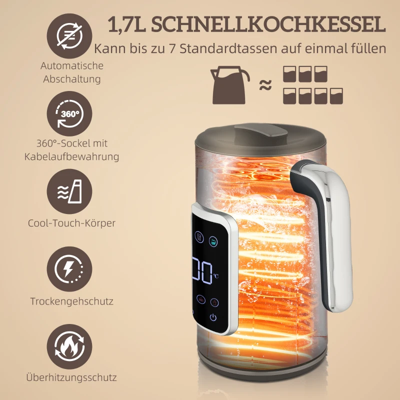 HOMCOM Waterkoker en Toaster-set met LED-Touchscreen, 1,7 L, 2 sleuven, verschillende modi en functies, Zwart