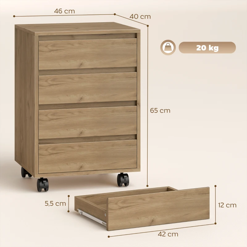HOMCOM Bloco de Gavetas de Escritório com 4 Gavetas Rodas para Escritório 46x40x65 cm Castanho