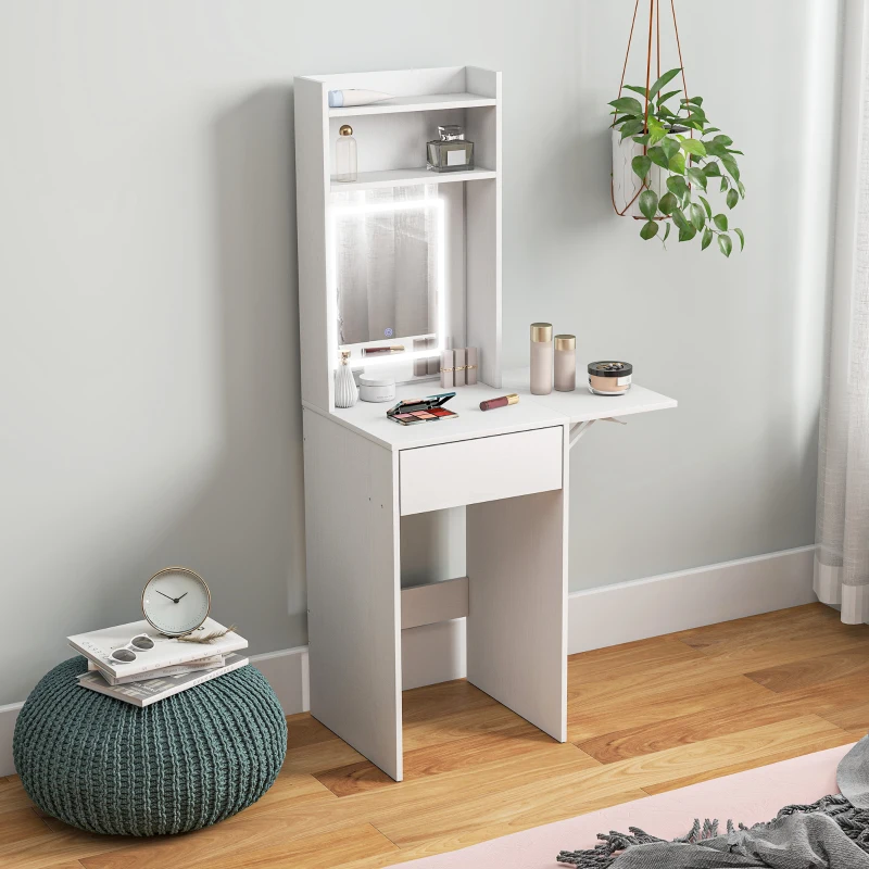 HOMCOM Tocador de Maquillaje con Luces LED de Color Ajustable y Espejo Lateral Abatible Cajón Compartimentos Abiertos Blanco