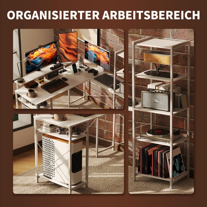 HOMCOM L-vormig bureau met oplaadstation, hoekcomputertafel met monitorstandaard en planken, voor thuiskantoor, kantoor, Wit(m-6)
