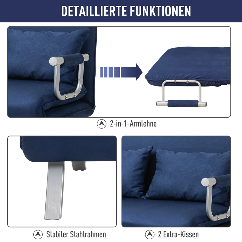HOMCOM Slaapbank, 5-standen verstelbaar, suède-imitatie, metalen frame, incl. kussen, marineblauw