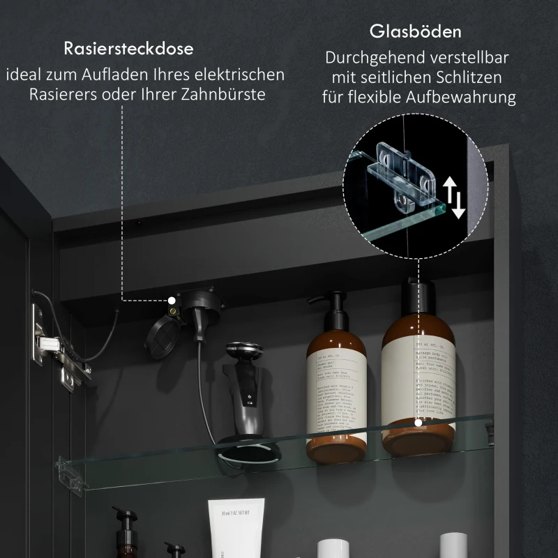 HOMCOM LED Spiegelkast voor Badkamer, 50 x 70 cm, Dimbaar, Anti-Beslag, Zwart