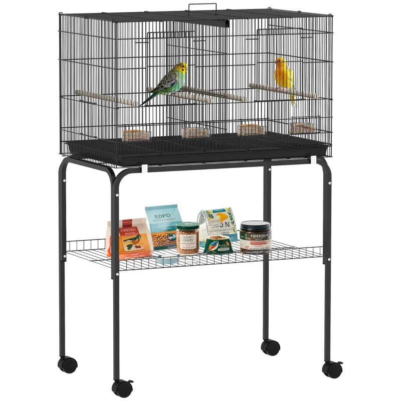 PawHut Cage à Oiseaux Volière Intérieur Acier avec Séparateur, 4 Perchoirs, Plateau Coulissant, 4 Mangeoires, 76x46x116cm, Noir