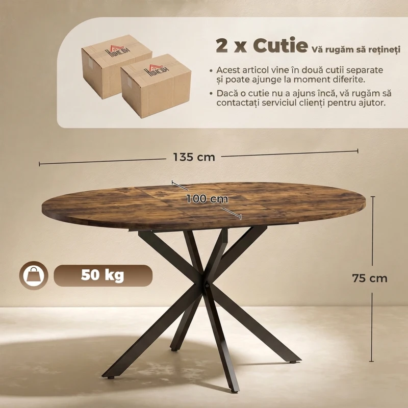 HOMCOM Masă de Sufragerie Extensibilă pentru 4-6 Persoane, 100-135cm, Maro Rustic