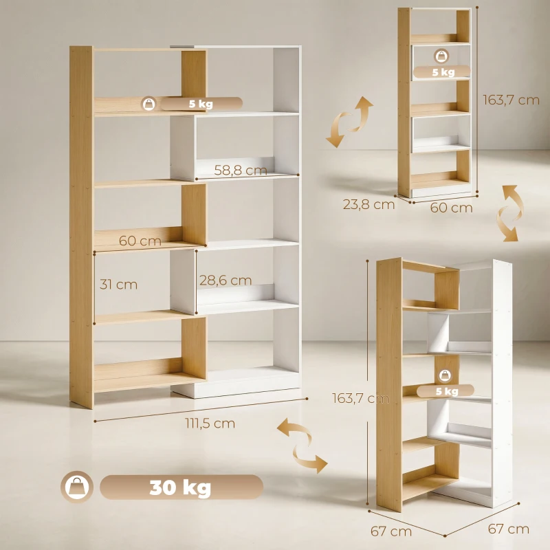 HOMCOM Bibliothèque d'angle rotative 350° à 5 niveaux, étagère de rangement extensible en forme L, 60-111x24x164cm, chêne