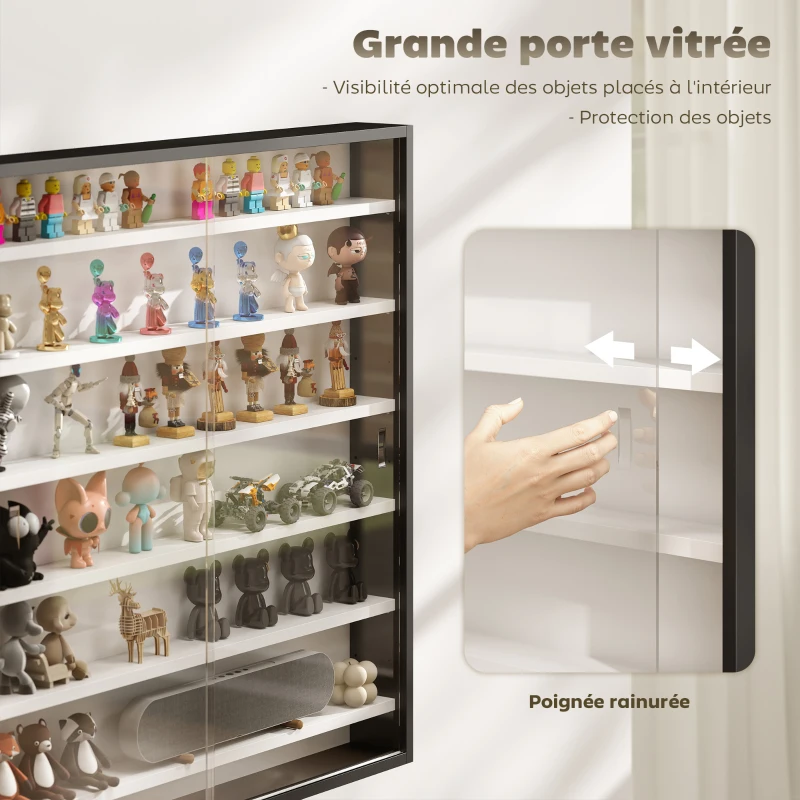 HOMCOM Vitrine pour collection vitrine murale 80 x 9,5 x 83 cm 6 étagères réglables en hauteur 2 portes coulissantes en verre
