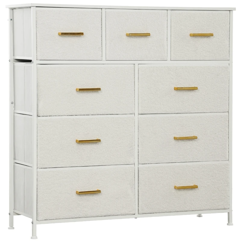 HOMCOM Stoffen Dressoir, 9 Laden, Stalen Frame, Elegant, Veelzijdig, Wit