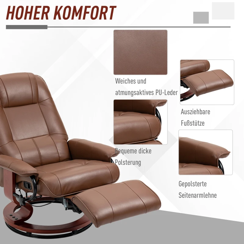 HOMCOM Relaxfauteuil met Voetensteun, 145° Verstelbare Rugleuning, 360° Draaibaar, Kunstleer, Houten Onderstel, tot 120 kg, Bruin(m-6)