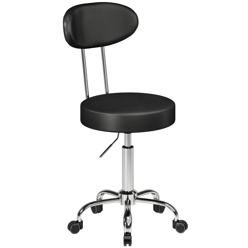 HOMCOM Tabouret à roulettes pivotant hauteur réglable en cuir synthétique avec dossier pour spa bureau tatouages noir