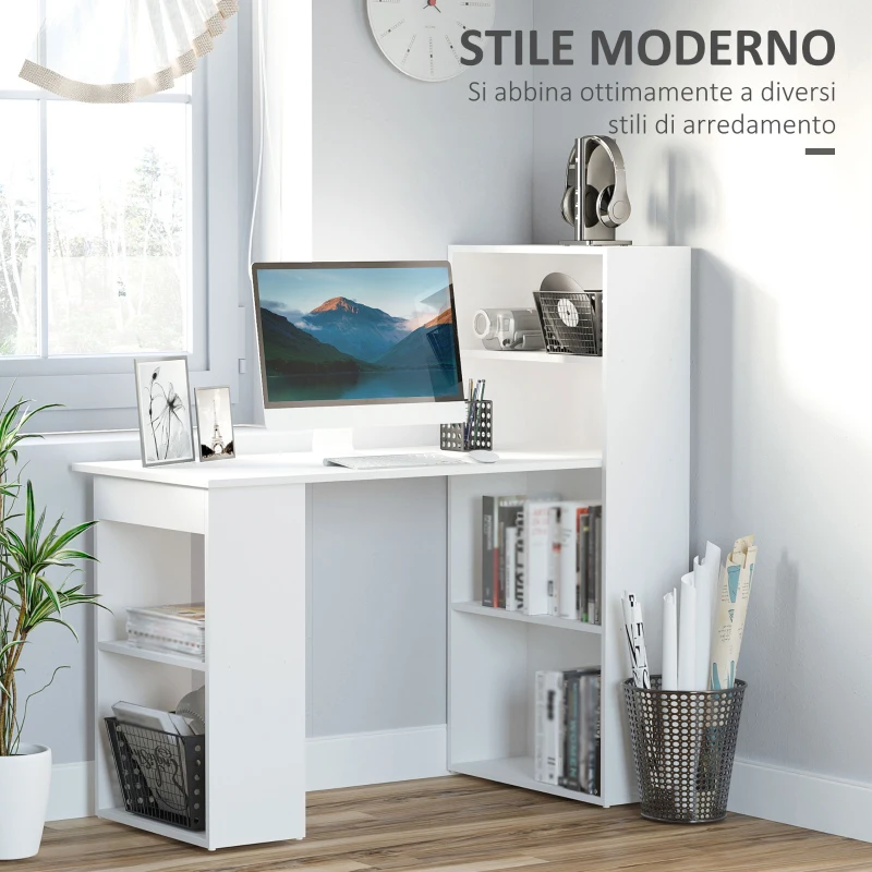 HOMCOM Scrivania Computer con Libreria Salvaspazio, Tavolo da Pranzo per Ufficio e Studio, 120x55x120 cm, Bianco
