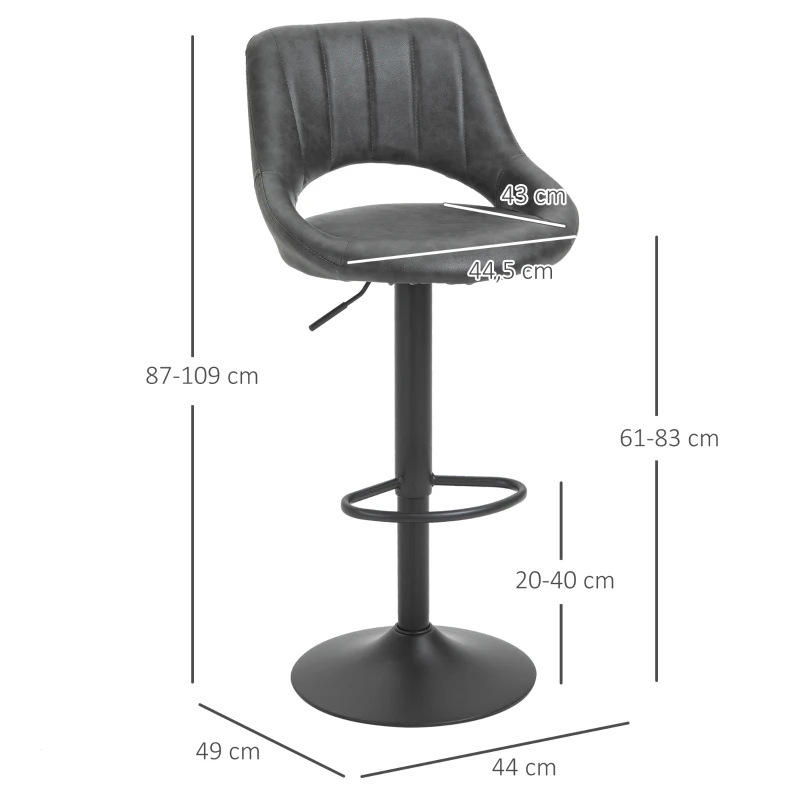 HOMCOM Set van 2 barkrukken, met een lederlook, draaibaar, verstelbaar in hoogte, met een voetensteun, metalen frame, afmetingen in de kleur grijs