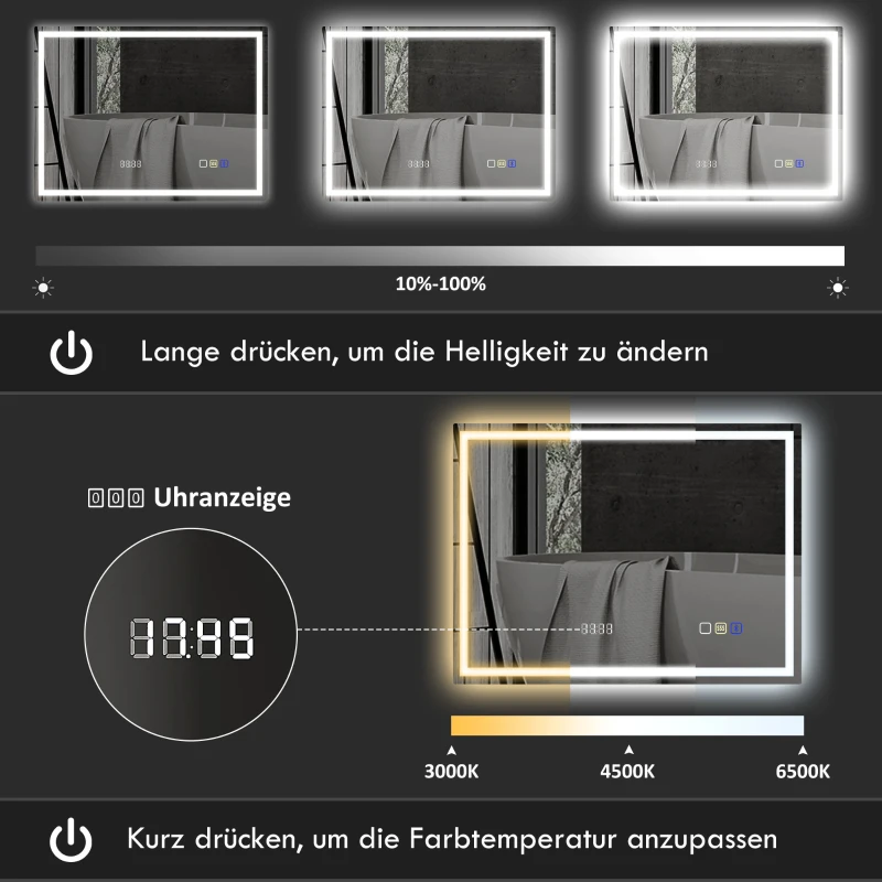 HOMCOM LED-badkamerspiegel met Bluetooth-functie, anti-condensfunctie, 3 lichtkleuren, klok, touchschakelaar, zilverkleurig