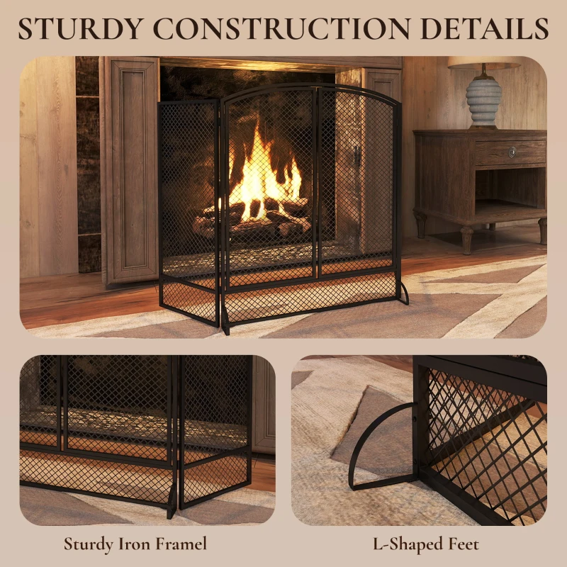 HOMCOM Pare-feu de Cheminée Pliable 3 Panneaux, 2 Portes, Style Moderne, Pare-Étincelles Cheminée en Métal, 122x10x75cm, Noir