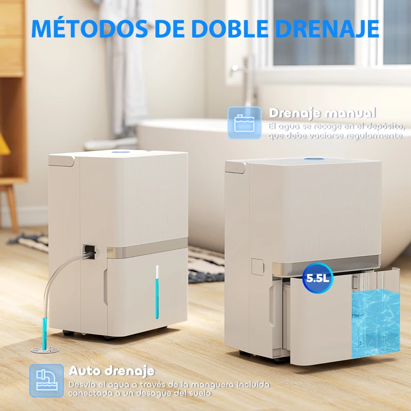 HOMCOM Deshumidificador 35L/Día para 40-90 ㎡ Luz Indicador de Humedad Depósito 5,5 Litros Drenaje Continuo Temporizador 24H