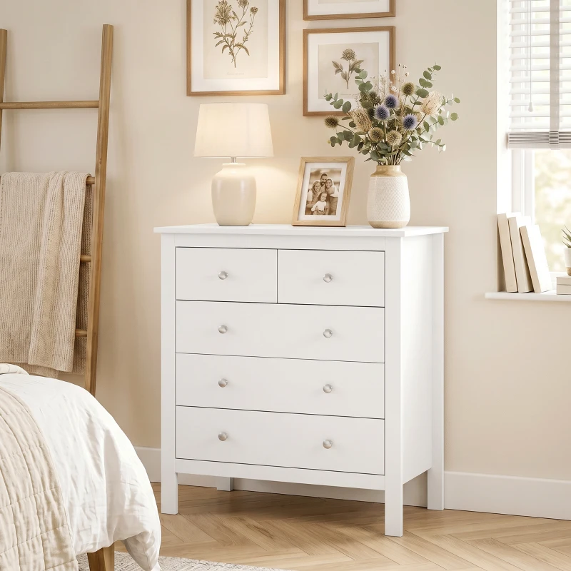 HOMCOM Modern Chest of Drawers, 5 Drawer Storage Cabinet with Metal Handles and Runners for Bedroom, White