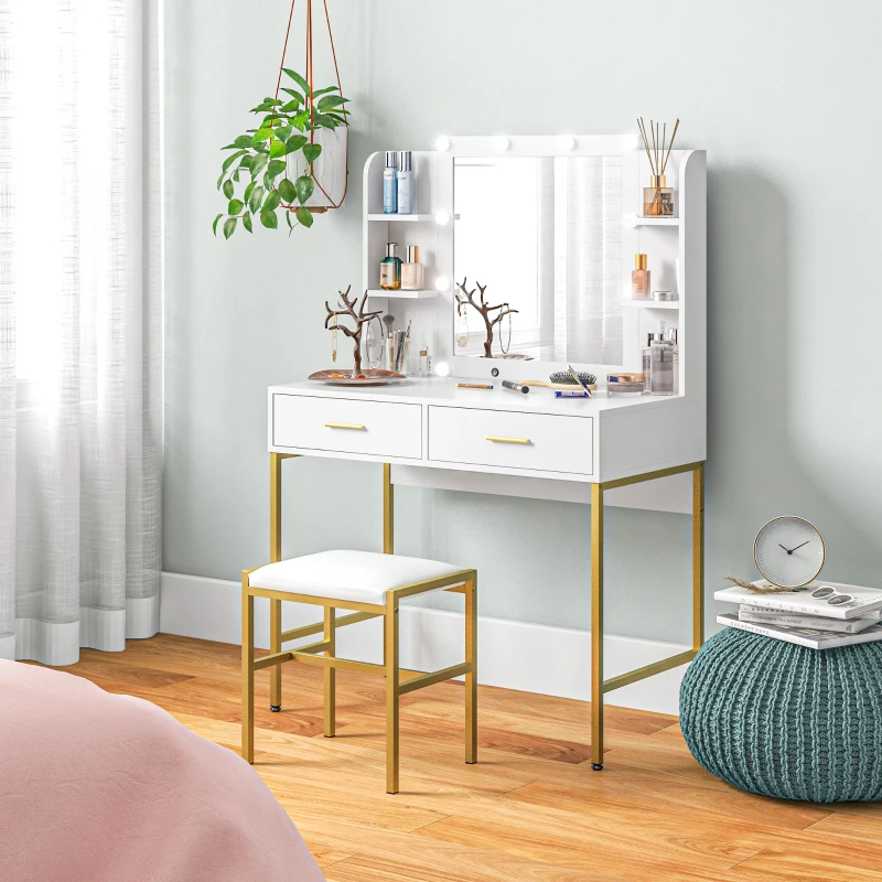 HOMCOM Dressing Table Set, with Storage and Stool - White